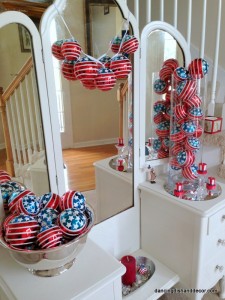 1-July 4th Decor, Independence Day Decor, Red White Blue Ornaments, Glass Vase, Silver Punch Bowl.JPG