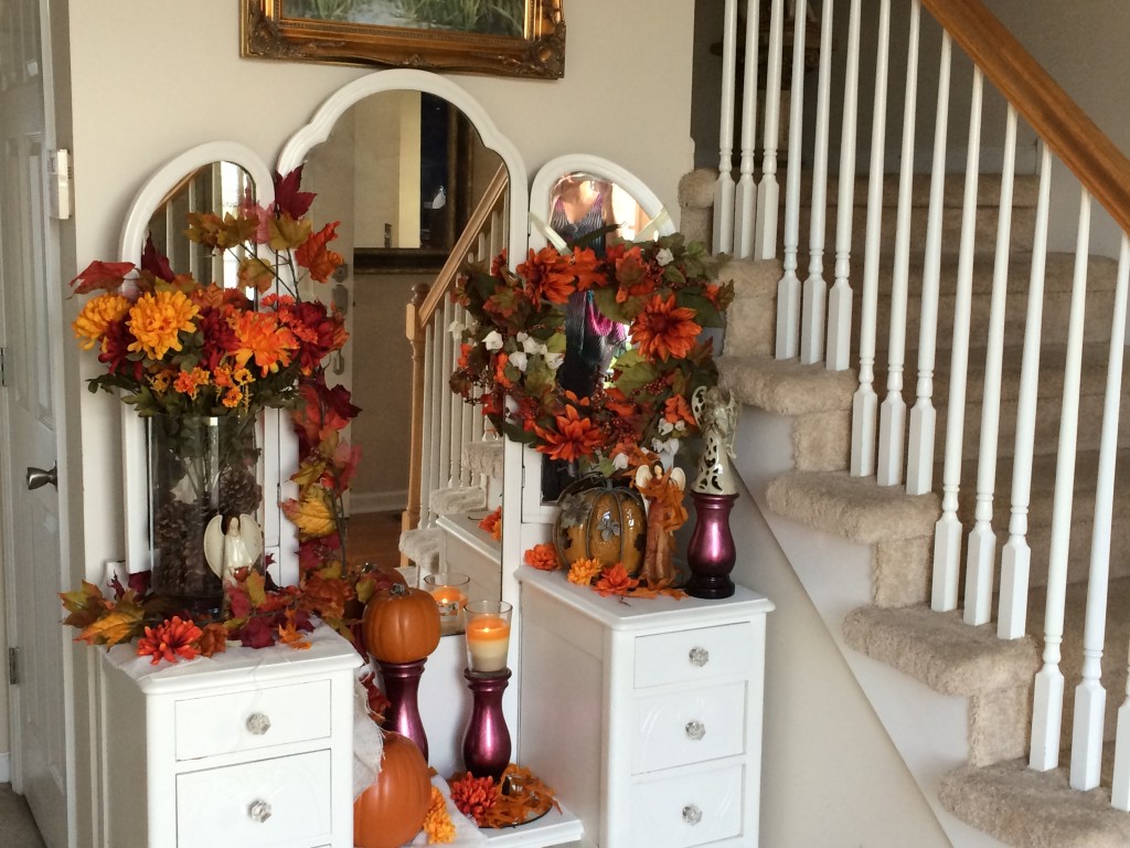 Purple, orange, red, pumpkins, angels, leaves and flowers Fall Autumn Entrance Decor